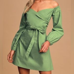 Lulus Pure Serenity Green Off The Shoulder Mini Dress